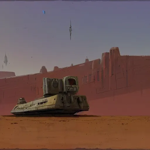 Image similar to sci-fi barge floating over a desert landscape by Ian McQue