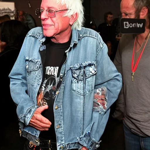 Image similar to Famous heavy metal glam rocker Bernie Sanders with a mowhawk and ripped denim jacket