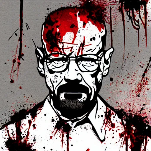 Prompt: an abstract blood splatter painting of walter white, hyperrealistic digital art