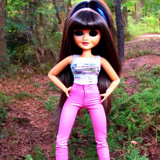 Prompt: VHS trail cam footage of Selena Gomez Bratz Doll Dora