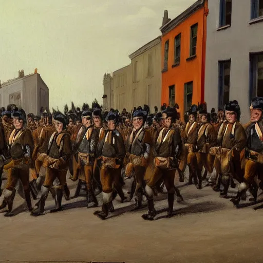 Prompt: painting of Irish rebel soldiers marching down a street in Dublin holding rifles, 4K detail