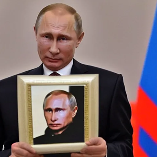 Prompt: putin is holding a picture of putin holding a portrait of putin