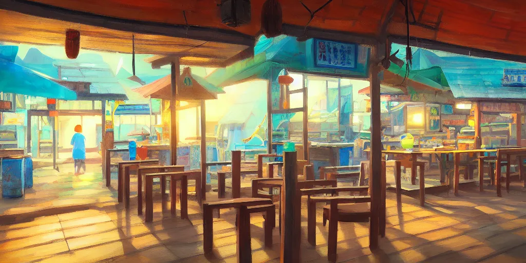 Image similar to interior of a small kopitiam at pulau indah fishing village, near a jetty, early morning, detailed ultrarealisitic painting, low angle view, telephoto lens, bokeh, studio ghibli, artstation