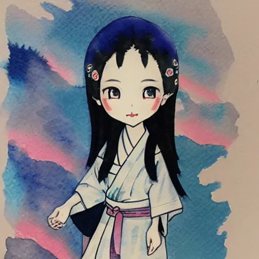 Image similar to beautiful water color concept art of face detailing cute nendoroid girl in the style of ukiyoe , toon rendering, close-up, no shade, modern art