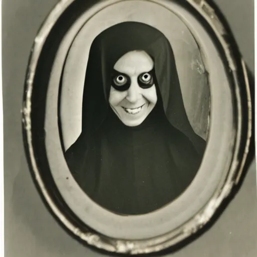 Image similar to antique photograph of an evil catholic nun, crazy eyes wide open, horror, staring at the camera, evil smile, sharp teeth, headshot, dark background, low exposure, cracked and faded, dark