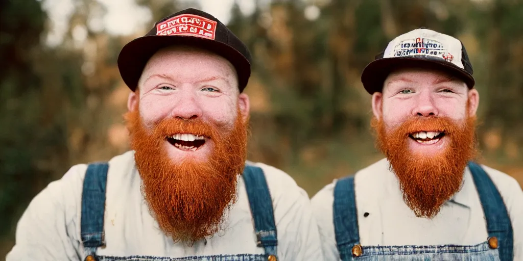 Prompt: big ole redneck white male with red beard, wearing dirty overalls, dirty face, missing teeth, grin, portrait, close up, kodak gold 2 0 0, 5 0 mm