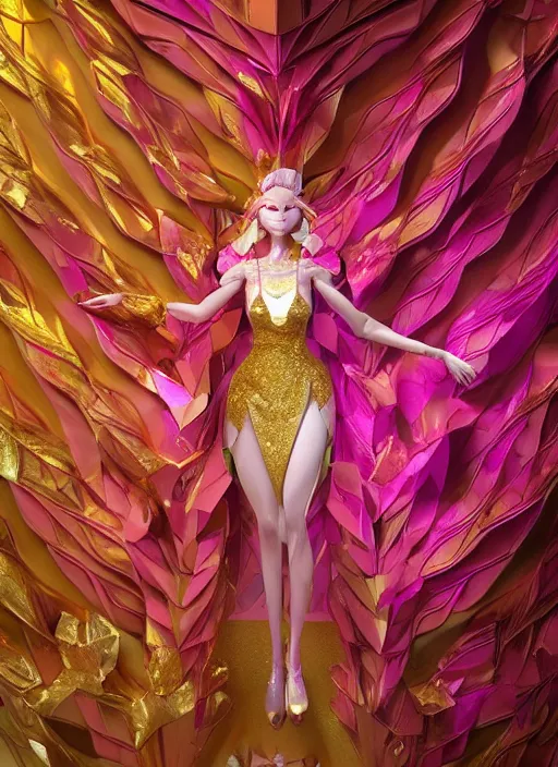 Image similar to full body image of a stunning beautiful anthropomorphic lionness woman made out of ceramic gold diamonds wearing a flowing pink colored paper dress, a futuristic subway stop made out of origami, origami orchids, heavenly light, 3 d, very detailed, octane render, trending artstation, artgem