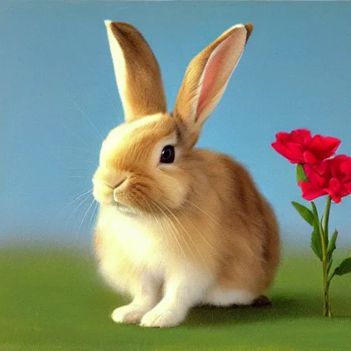 Prompt: The rabbit in the picture looks cute and playful. It has big, fluffy ears and a long, furry tail. Its fur is a light brown color, and its eyes are a bright blue. The background of the picture is a gentle green, and there are flowers blooming around the rabbit. painted by Gabriel Dawe