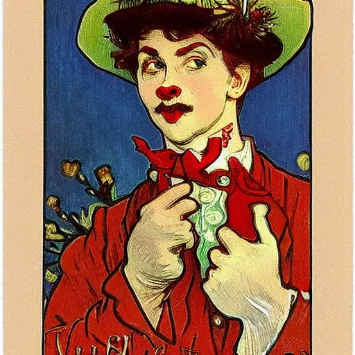 Prompt: victorian christmas christmas! card saying merry pepesmas single handsome thin delicate beautiful male clown named pepes wearing stylish modest! clown clothes, masculine clown high fashion, elegant, clear, painting, stylized, delicate, soft facial features, delicate facial features, art by alphonse mucha, vincent van gogh