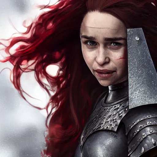 Image similar to emilia clarke, as a medieval fantasy character, with dark red hair, wearing light, silver armor and red clothing, olive complexion, holding a longsword, determined expression, noble, cinematic, dark, realistic, digital art, 8 k