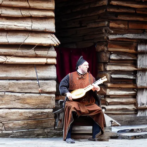 Prompt: a medieval bard singing in a wooden stage in the middle of an old wooden town with his hurdy - gurdy. smoke explosion around him. mid day light. medieval market fest.