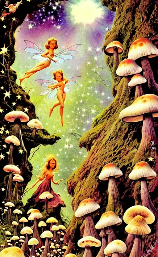 Prompt: stars in the sky fairies with detailed faces enchanted forest mushrooms on the ground psychedelic wide angle shot white background vector art illustration by frank frazetta