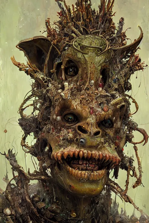 Prompt: close - up portrait of very ugly goblin by irakli nadar with intricate detailed color smashing fluid oil paint and acrylic, headdress made of bones, melting wax, mycelia, abstract impressionism, ruan jia, fantasy, hyper detailed, concept art, by peter mohrbacher and gustav klimt,