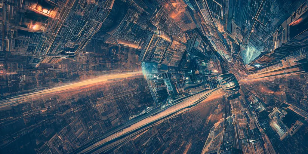 Image similar to cinematic street shot of a antigravity future flying city saint petersburg on earth orbit, telephoto, anamorphic cinematography, beautiful composition, color theory, leading lines, photorealistic, moody volumetric lighting