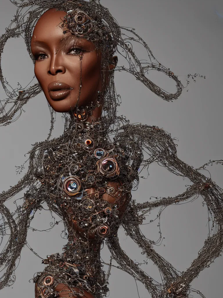 Image similar to a centered render of naomi campbell surrounded by intertwining bio - mech tendrils made of machine and robot parts with gemstones and leaves and feathers and incense smoke flowing around, full body, gorgeous face, perfect face, powerful, by james jean, by ross tran, 3 d, trending on artstation, octane render, 8 k