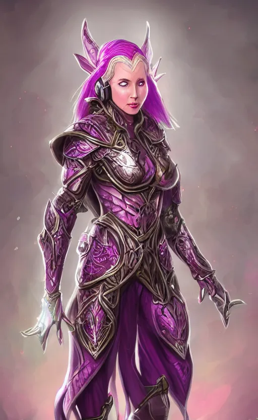 Image similar to a full body portrait of an elven woman with pink skin, and armor fit for a queen, wearing purple headphones, and smiling, dynamic lighting, photorealistic fantasy concept art, trending on art station, stunning visuals, creative, cinematic, ultra detailed