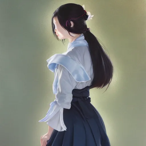 Image similar to a young woman in maid uniform by Stanley Artgerm Lau, WLOP, Rossdraws, Guweiz, Marc Simonetti, Studio Ghibli, krenz cushart, pixiv, background by James Jean and gustav klimt and John Marshall Gamble, 4k, volumetric lighting, french nouveau, trending on artstation, octane render, hyperrealistic