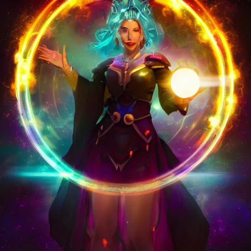 Image similar to a powerful goddess woman floating with a glowing orb of blue power in her hand, trending on artstation, colourful, powerful, dark, mysterious, maximalist, full body shot, japanese, unreal engine 5, evil, warrior, nebula background, wearing a farce robe, army behind her and war - s 1 5 0