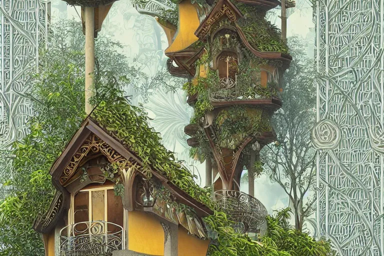 Image similar to elegance, foliage overgrowing favela honeybee hive, art nouveau environment, award winning art, epic dreamlike fantasy landscape, ultra realistic,