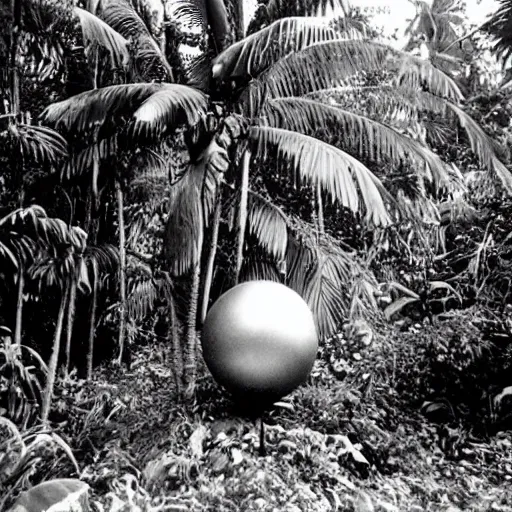 Image similar to a rizom lost film footage of a ( ( ( ( ( ( ( ( sphere ) ) ) ) ) ) ) in the middle of the tropical jungle / tribalism!!!!! / film still / cinematic / enhanced / 1 9 2 0 s / black and white / grain
