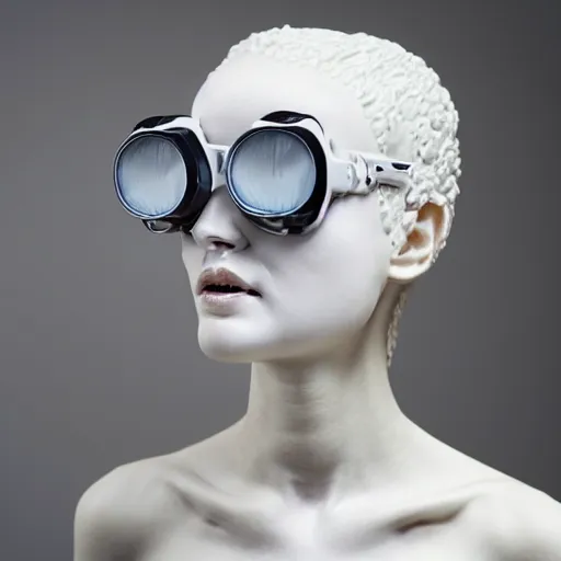 Image similar to full head and shoulders, beautiful female porcelain sculpture with melting white paint 3 d cyborg elements, white prosthetic eyes, 3 d goggles, smooth, all white features on a white background, delicate facial features, white eyes, white lashes, detailed white liquid, anatomical by daniel arsham and james jean