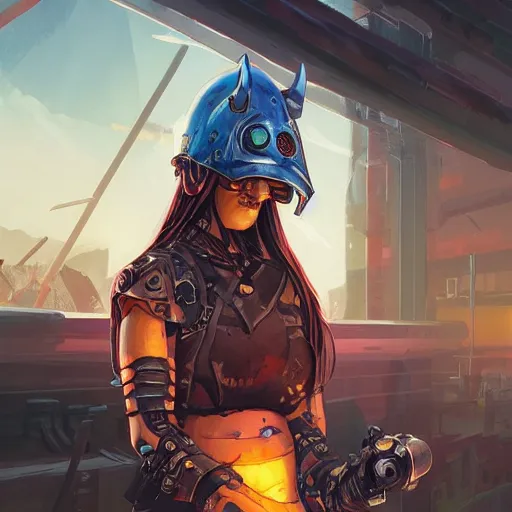 Image similar to cyberpunk viking helmet mask warrior goddess robot ninja fantasy, art gta 5 cover, official fanart behance hd artstation by jesper ejsing, by rhads, makoto shinkai and lois van baarle, ilya kuvshinov, ossdraws