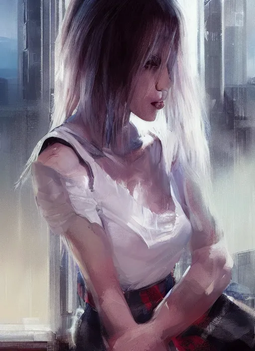 Prompt: white haired girl in a miniskirt sitting on a window, plaid skirt, cyberpunk, expressive oil painting, night, highly detailed, trending on artstation, by artgerm, by greg rutkowski, beautiful detailed face, vivid colors