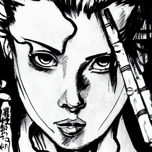 Image similar to scarlett johansson in afro samurai manga style, pencil and ink, in a bar fight