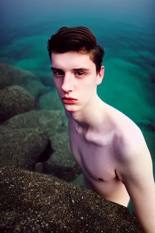 Prompt: high quality pastel coloured film mid angle docu photograph of a beautiful young 2 0 year old male, soft features, short black hair, wearing clothing, falling in an icelandic black rock pool environment. atmospheric. three point light. photographic. art directed. ( pastel colours ). volumetric light. clearcoat. waves glitch. 8 k. filmic.