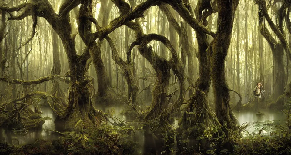 Prompt: A dense and dark enchanted forest with a swamp, by Rob Hefferan