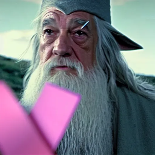 Prompt: gandalf with a pink bowtie on his head, showing a blank playing card, movie still from the lord of the rings