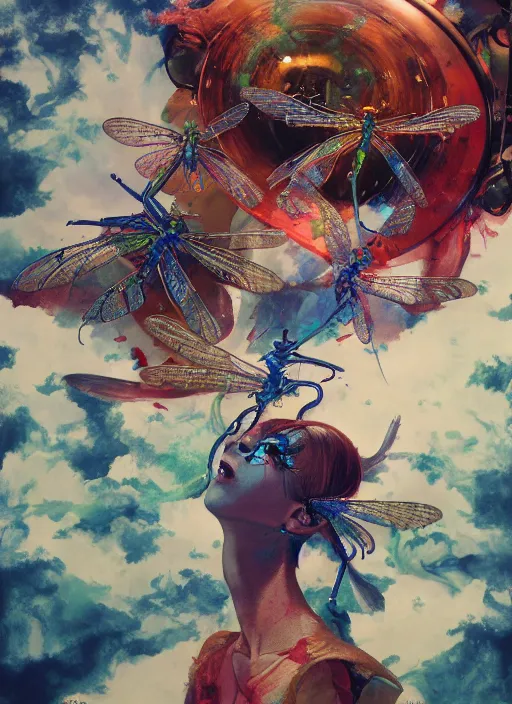 Image similar to surreal gouache painting, by yoshitaka amano, by ruan jia, by Conrad roset, by good smile company, detailed anime 3d render of a magical Dragonfly flying over a flying disco Vinyl, DJ Mixer, deck , controller, portrait, cgsociety, artstation, rococo mechanical and Digital and electronic, dieselpunk atmosphere