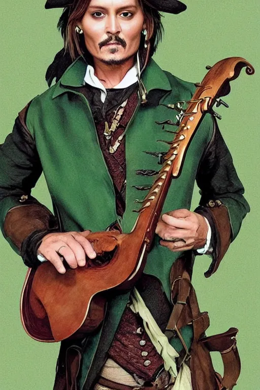 Prompt: Breathtaking comic book style of Johny Depp portrayed as a Dungeons and Dragons bard, playing the lute and wearing a pale green jacket in the style of Ralph Dorsey