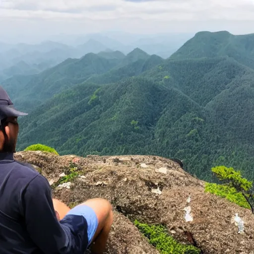 Image similar to man sitting on top peak mountain cliff looking at tsunami