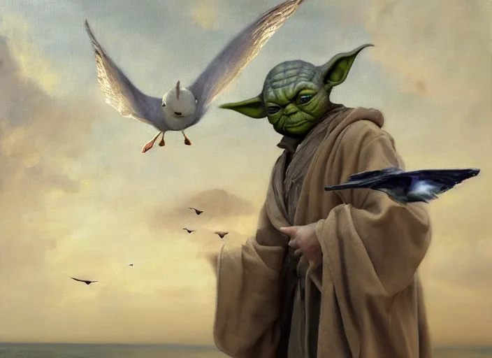 Prompt: Beautiful oil painting of Yoda riding a seagull by Titian and Chie Yoshii, portrait, Star Wars, intricate, face, elegant, mist, cityscape, highly detailed, dramatic lighting, sharp focus, trending on artstation, artstationHD, artstationHQ, unreal engine, 4k, 8k