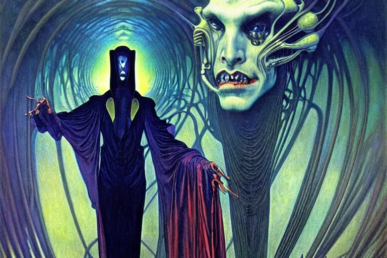 Prompt: realistic extremely detailed portrait painting of an elegantly creepy vampire man dressed as dracula, futuristic sci-fi landscape on background by Jean Delville, Amano, Yves Tanguy, Alphonse Mucha, Ernst Haeckel, Edward Robert Hughes, Roger Dean, rich moody colours, blue eyes