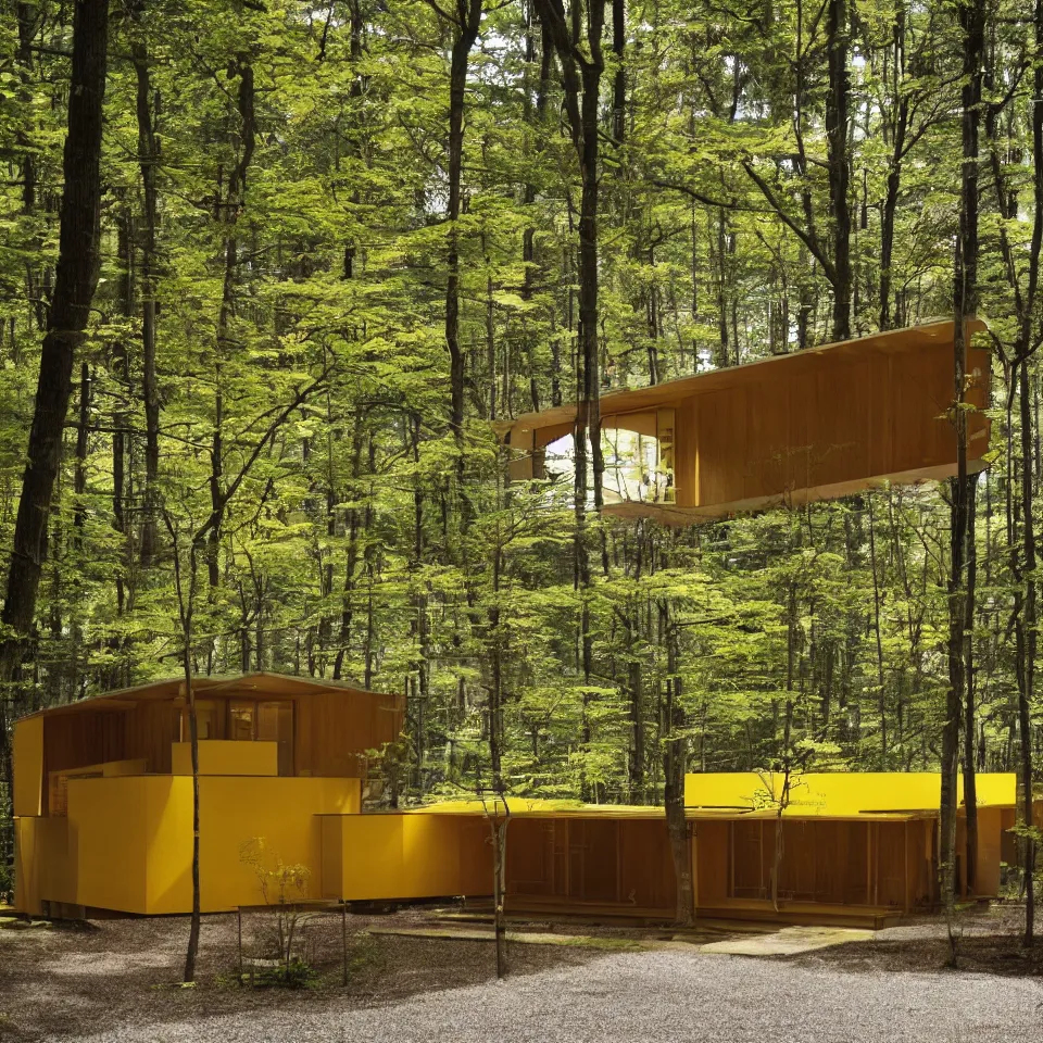 Image similar to architecture ad for a mid-century modern house in the middle of the forrest, designed by Kengo Kuma. Film grain, cinematic, yellow hue