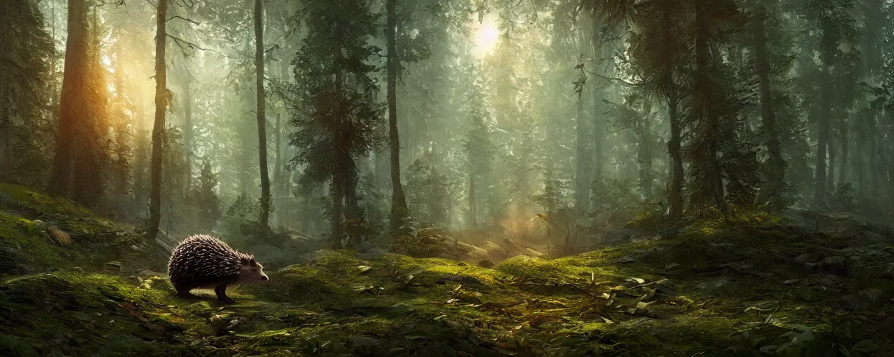 Prompt: an Hedgehog standing in the forrest, beautiful dynamic lighting, cinematic, wide angle establishing shot, extremely high detail, photo realistic, cinematic lighting, post processed, concept art, artstation, matte painting, style by frederic church, raphael lacoste, unreal engine 8k