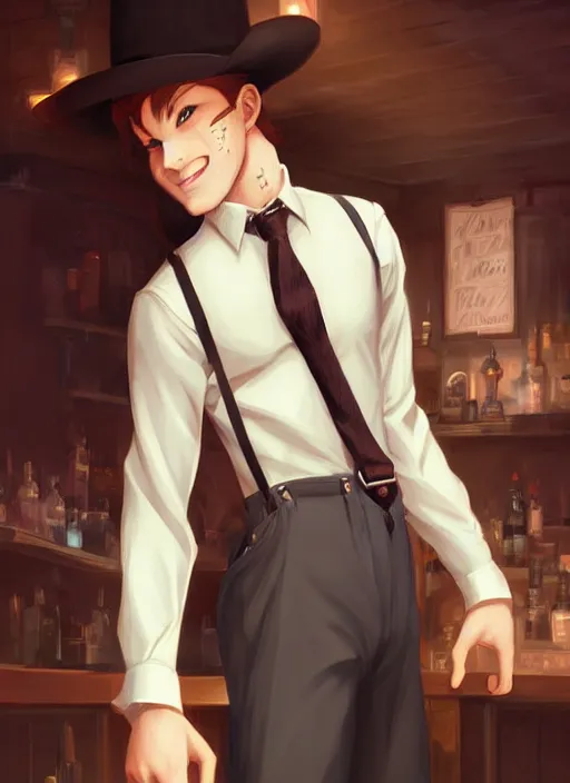 Image similar to beautiful portrait commission of a male furry anthro wolf wearing a white dress shirt with suspenders in an old-timey Saloon. Atmospheric. Character design by charlie bowater, ross tran, artgerm, and makoto shinkai, detailed, inked, western comic book art