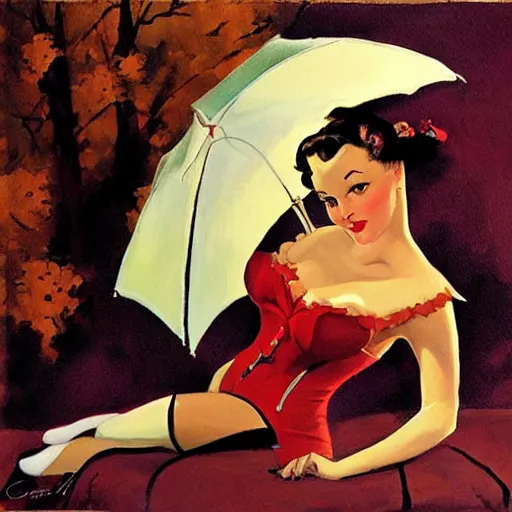 Image similar to a painting in the style of gil elvgren and in the style of charles vess.