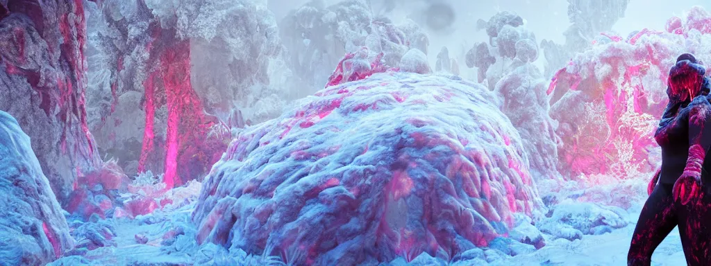 Image similar to large glowing woman made of ice, walking in a dense alien snow covered frosty jungle, with snow covered colourful red, blue and purple plants, large vines, snow covered arched organic rock structures, in the style of monster hunter world, like concept art on artstation, hyperdetailed, vray render, octane render,