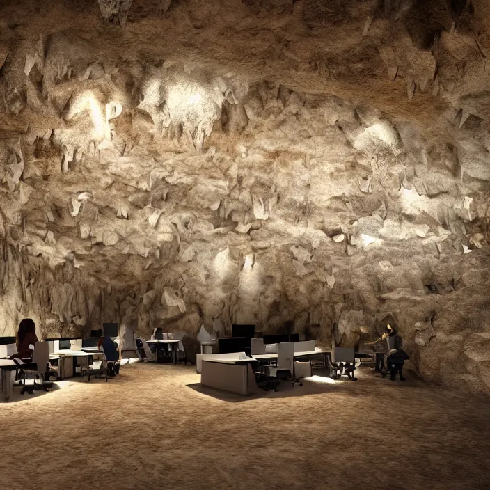 Prompt: hyperrealistic photo of a coworking space in a cave with cave drawings on it, hd