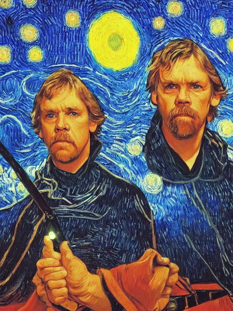 Image similar to bright beautiful oil painting portrait of luke skywalker with a missing ear, light scatter, van gogh