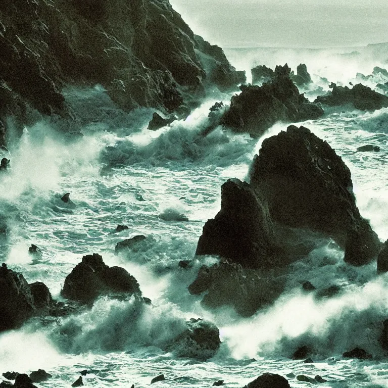 Image similar to dark and moody 1 9 7 0's artistic technicolor spaghetti western film, a large huge group of women in a giant billowing wide long flowing waving shining bright white dresses, standing inside a green mossy irish rocky scenic landscape, crashing waves and sea foam, volumetric lighting, backlit, moody, atmospheric, fog, extremely windy, soft focus