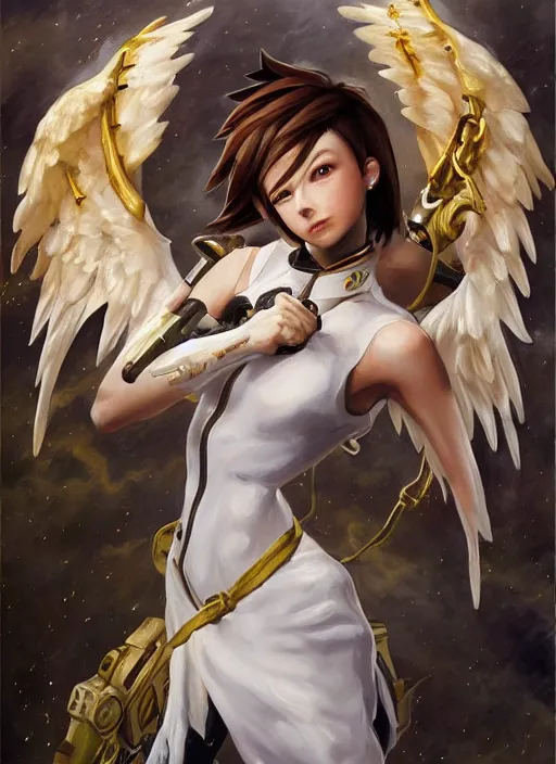 Image similar to full body oil painting of tracer overwatch in the style of sophie anderson, angel wings, white dress, dramatic painting, symmetrical composition, ornate, high detail, gold detailed collar, blooming, lights, flowers,