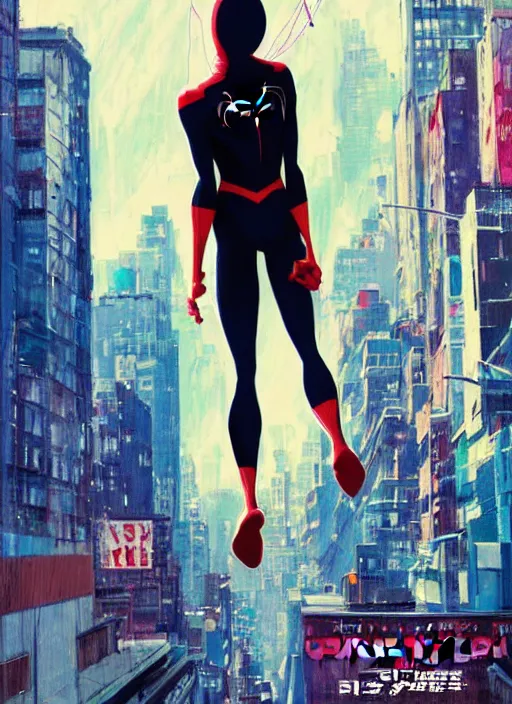 Image similar to spider - man into the spider - verse ( 2 0 1 8 ) anime key visual concept art of spider gwen standing on a balcony in new york city, golden rays, by ashley wood, yoji shinkawa, alberto mielgo, 6 0's french movie poster, french impressionism, vivid colors, palette knife and brush strokes, fish eye lens