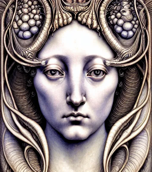 Prompt: detailed realistic beautiful conch goddess face portrait by jean delville, gustave dore, iris van herpen and marco mazzoni, art forms of nature by ernst haeckel, art nouveau, symbolist, visionary, gothic, neo - gothic, pre - raphaelite, fractal lace, intricate alien botanicals, ai biodiversity, surreality, hyperdetailed ultrasharp octane render