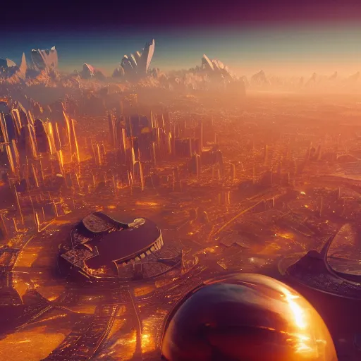 Image similar to a view from space of a golden fantasy sci fi luxurious city with cerulean oceansides, scandinavian / norse influenced, cinematic, ray traced, octane render, cinematic lighting, ultrarealistic, featured on artstation, 8 k uhd artwork