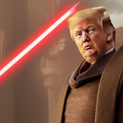 Prompt: A film still of Donald Trump as a Jedi king realistic,detailed