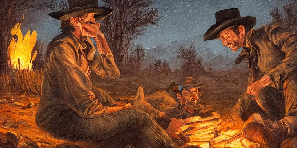 Prompt: in the old west, at a campfire at night, close up portrait of one sleeping bandit scoot mcnairy ( ( alone ) and wide shot of one thomas brodie - sangster ( ( alone ) ) watches the stars and his horse grazes, in the style of fredrick remington, oil painting, warm color palate, astral